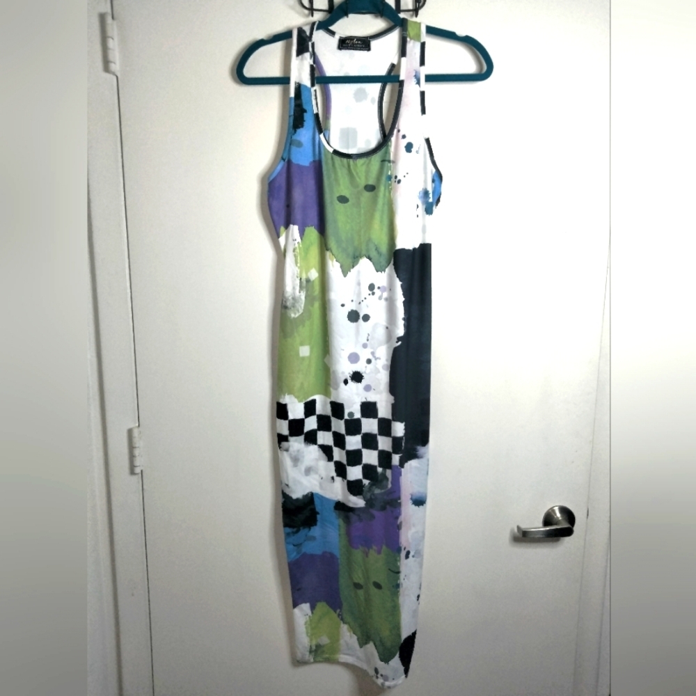 Nylon Apparel (Size L) Multicolored Patchwork Racerback Tank Midi/Maxi Dress
